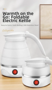 Compact collapsible electric kettle showing both expanded and folded states with stainless steel base