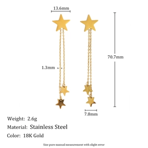 18K gold plated stainless steel star tassel earrings with dimensions and specifications