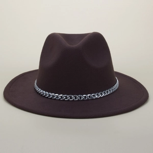 Dark brown wool fedora hat with a stylish silver chain band in a minimalist design