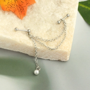 Star pearl ear bone chain industrial barbell piercing in polished silver steel finish