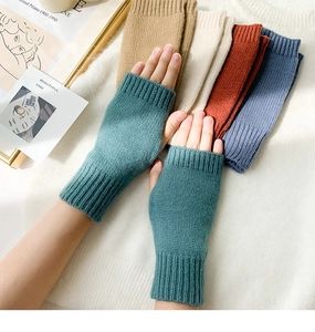 Knitted fingerless gloves in teal wool mix shown with multiple color options in a soft layout