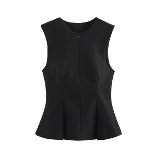 Women Peplum Top Sleeveless Round Neck Polyester Pleated Hem Back Zipper Slim Fit Elegant Commute Blouse Black