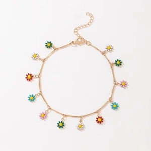 Bohemian gold ankle bracelet with colorful enamel daisy pendants and adjustable lobster clasp