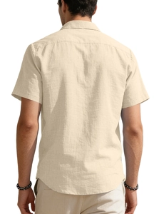 Rear view of a men's beige short sleeve cotton linen shirt with a clean lapel design