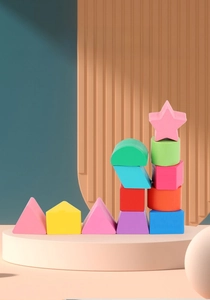 Macro detail of colorful wooden geometric blocks for shape and color recognition