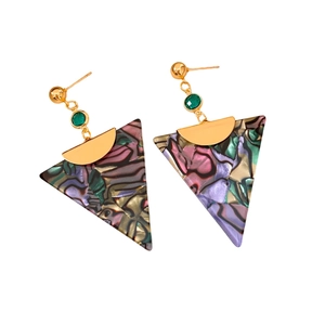 Vintage gold and resin triangle pendant earrings with colorful shell texture for women