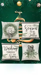 Set of four Christmas cushion covers featuring festive wreaths and black plaid bows