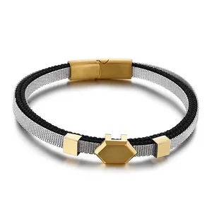 Men Punk Bracelet 316L Stainless Steel Mesh And Braided Rope Double Layer Hexagon Geometric Magnetic Buckle Jewelry