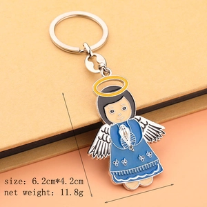 Blue enamel angel keychain with white wings and yellow halo for DIY bag charm