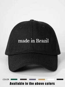 Detail of white Made in Brazil embroidery on black cotton twill baseball cap with color options