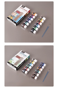 Detailed 12-color acrylic paint set with 25ml bottles and an included blue brush