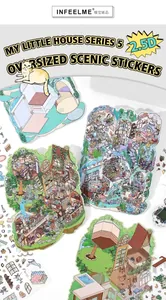 Macro view of 2.5D architectural house scenery stickers for DIY scrapbooking journals