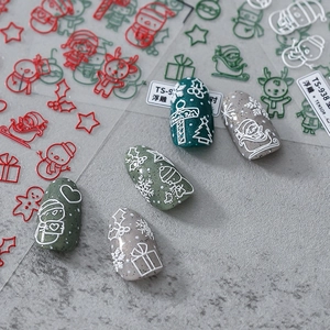 Christmas Nail Art Stickers 3D Embossed Self Adhesive Red Green White Manicure Decals Holiday Santa Snowman Design