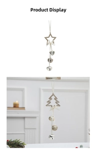 Close-up of glittery star and tree pendants with metal bells and white ribbon bows