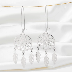 Silver stainless steel dreamcatcher earrings with three feather pendants on white satin