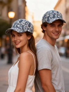 Detail showing high-quality Paisley floral print on a cotton couple baseball cap