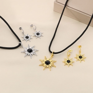 Collier Et Boucles D'Oreilles Étoile À Huit Branches En Acier Inoxydable Avec Pierre Noire Et Strass Bijoux De Mode