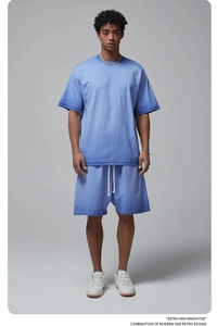 Detailed view of blue washed cotton streetwear set with oversized tee and shorts