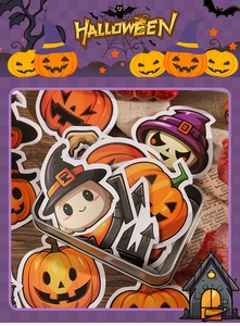 Halloween cartoon sticker set with pumpkin and ghost motifs in a silver metal tin box