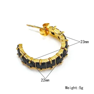 Fashionable gold C-shape hoop earrings with black square zircons and matte finish