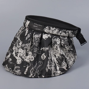 Women's black floral jacquard open top sun hat with large brim and adjustable buckle strap