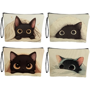 Cute Black Cat Makeup Bag Canvas Linen Toiletry Pouch With Wrist Strap Double Sided Print Travel Cosmetic Organizer For Women