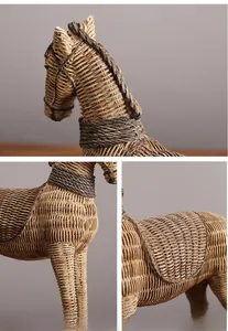 Close-up of European retro resin horse statue with realistic rattan weave texture details