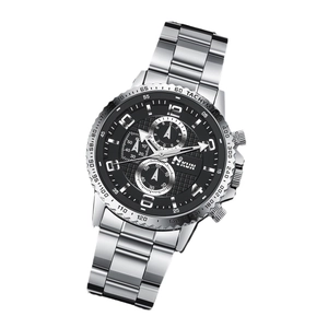 Men's fashion business quartz watch with silver metal steel strap and black dial tachymeter