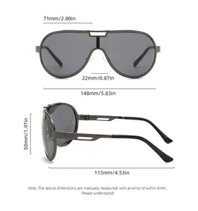 Detailed technical diagram showing dimensions of metal frame polarized cycling sunglasses