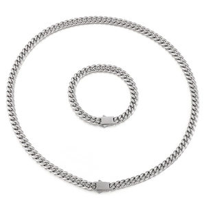 Polished stainless steel Cuban link necklace and bracelet set in silver finish