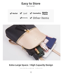 Detail view of fashion backpack storage showing interior space for tablet and makeup