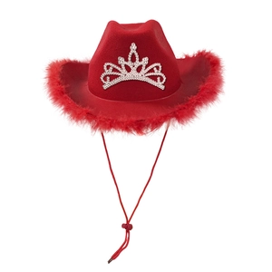 Red Western cowboy hat featuring fluffy feather trim and a silver rhinestone tiara crown