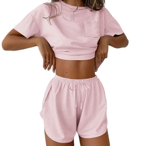Women's two-piece pink and white striped loungewear set with t-shirt and shorts