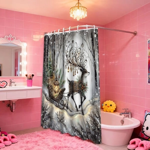Detail showing Christmas reindeer print shower curtain in a modern pink tiled bathroom scene