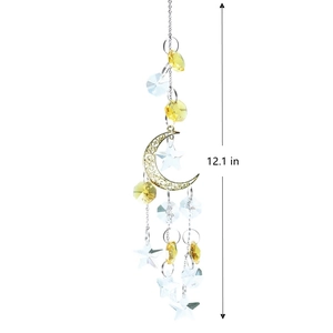Golden suncatcher hanging with metal moon, star pendants and crystal beads, 12.1 inch long