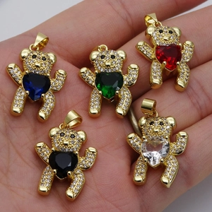 Sparkling gold bear pendants with colorful heart-shaped cubic zirconia and micro-pave setting
