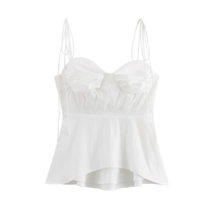 White camisole top with cotton linen texture, pleated chest and asymmetrical hem