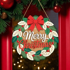 Targa natalizia in legno per porta con fiocco rosso e decorazioni festive