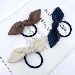 Bowknot PU Leather Hair Tie Elastic Hair Band Sweet Solid Color Ponytail Holder Elegant Headwear For Women Girls