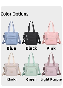 Multi-color grid view showing nylon tote bags in blue, pink, green, and purple