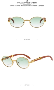 Macro detail of retro oval sunglasses with gold frame, wood grain temples and green lenses