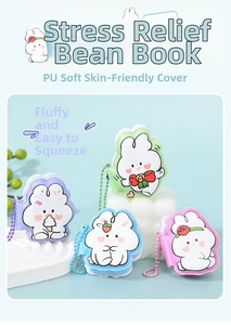 Close-up of four mini cartoon rabbit stress-relief notebooks with soft PU covers
