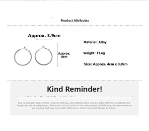 Detailed size chart of large silver round hoop earrings with alloy material specs