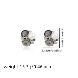 Detailed size chart of vintage pearl flower earrings with gray crystal and silver finish