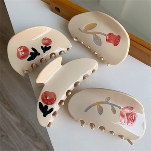 French Vintage Floral Acetate Hair Claw Clip Elegant Beige Rose Tulip Shark Clip For Women Retro Hair Accessories Jewelry