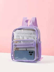 Transparent PVC backpack with purple straps featuring main compartment and front pocket