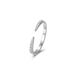 Minimalist S925 sterling silver open ring with pavé-set zircons on a white background