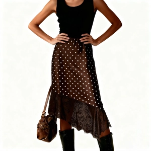 Detailed view of brown polka dot skirt with elegant lace patchwork hem and high-quality fabric