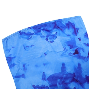 Detail of blue watercolor tie-dye fabric with smooth texture and durable stitching