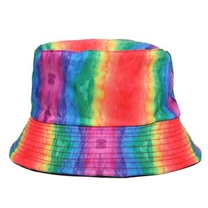 Colorful rainbow tie-dye cotton bucket hat with a flat top and reversible design